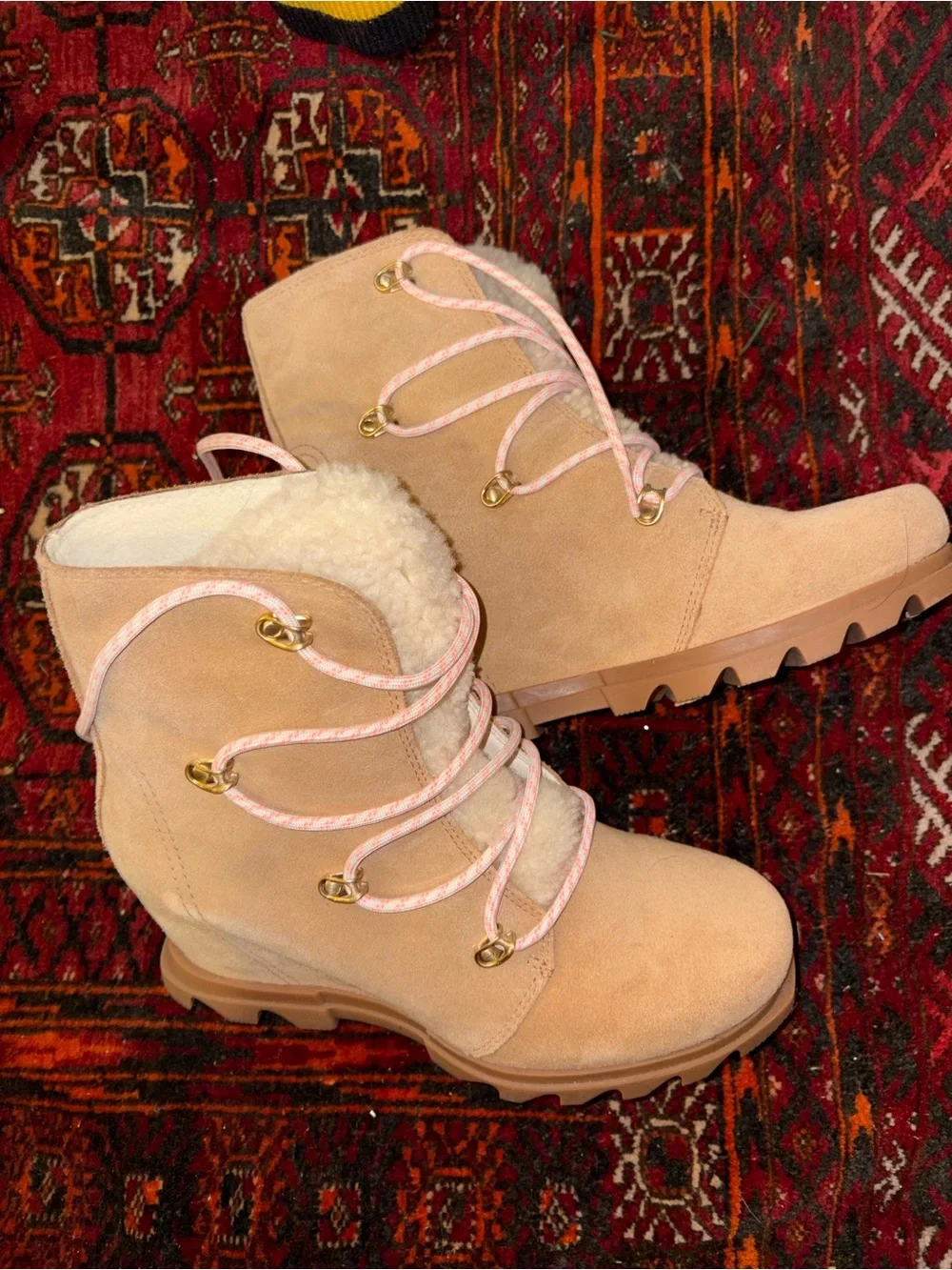 Sorel Women's Joan of Ark Tan Suede Shearling-Lined Lace-Up Wedge Boots
